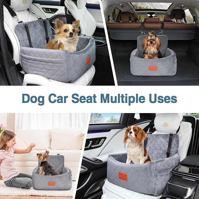 WOOAIDAGG Dog Car Seat for Small Dogs Under 30lbs,Comfy & Safe Travel Bed with Washable Cover,2 Clip-On Safety Leashes and Pockets,Anti-Slip Base,Easy to Install(Grey)