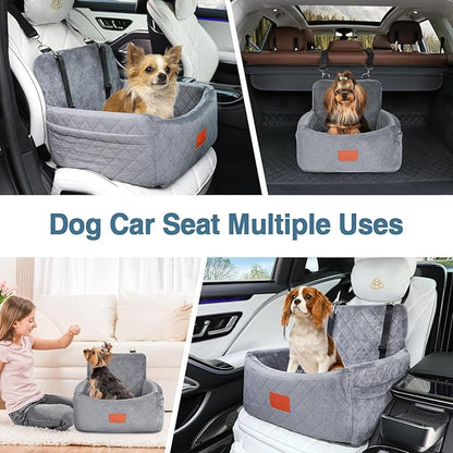 WOOAIDAGG Dog Car Seat for Small Dogs Under 30lbs,Comfy & Safe Travel Bed with Washable Cover,2 Clip-On Safety Leashes and Pockets,Anti-Slip Base,Easy to Install(Grey)