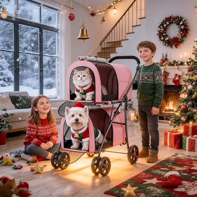 MoNiBloom Double Dog Stroller with Detachable Carrier Bags Large 4 Wheels Foldable Jogger for Small and Medium Dog Cats, Pink/Gray
