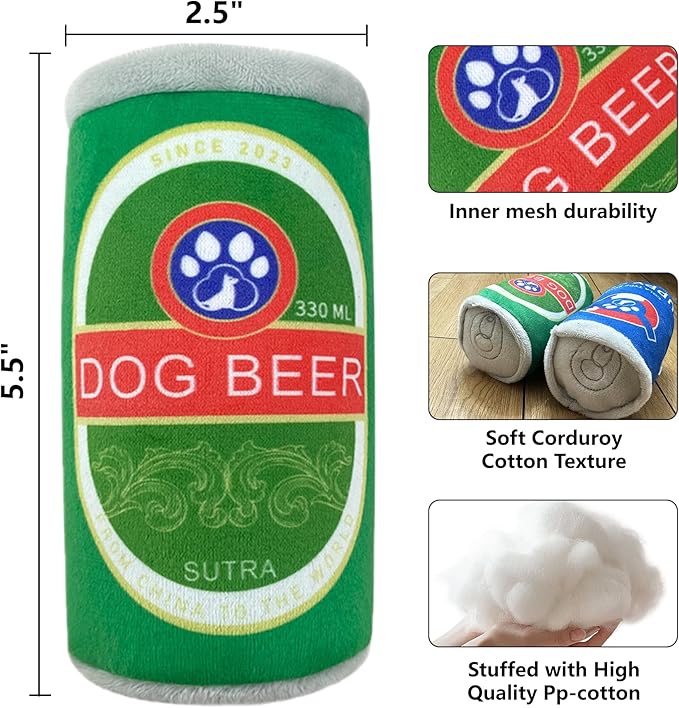 Squeaky Plush Dog Toys 2 Pack - Funny Beer Puppy Toys with Squeaker for Small Medium Large Dogs, Soft Stuffed Chew Toys for Birthday Gifts(Green&Blue)