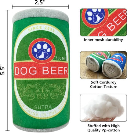 Squeaky Plush Dog Toys 2 Pack - Funny Beer Puppy Toys with Squeaker for Small Medium Large Dogs, Soft Stuffed Chew Toys for Birthday Gifts(Red&Green)