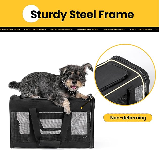 Dog Carrier Soft Sided, Large Cat Carrier with Inner Safety Leash, Pet Transport Carrier for Large Cats and Medium Dogs up to 20 Lbs, Collapsible Travel Puppy Carrier Bag -Black L