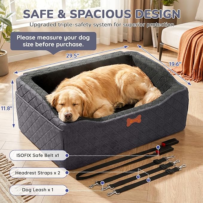 Dog Car Seat for Medium Large Dogs, 4" Elevated Booster Seat with ISOFIX Safety Fixation, Washable Cover & High Density Memory Foam, Portable for Car Front/Rear/Trunk Home Outdoor Use (Charcoal Gray)