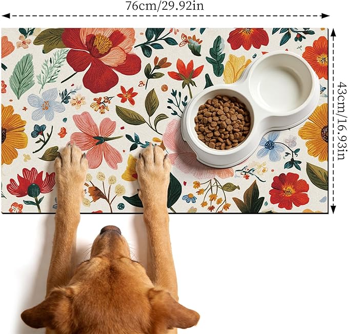 Pet Dog Cat Food Mat - Hamdwerk Absorbent Dog Bowl Mats for Food and Water, Anti Slip Cat Bowl Feeding Placemat for Floors, Quick Dry Diatomite Pet Dish Matts Supplies, Floral Style, 17 * 30in