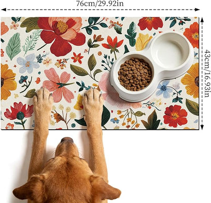 Pet Dog Cat Food Mat - Hamdwerk Absorbent Dog Bowl Mats for Food and Water, Anti Slip Cat Bowl Feeding Placemat for Floors, Quick Dry Diatomite Pet Dish Matts Supplies, Floral Style, 17 * 30in