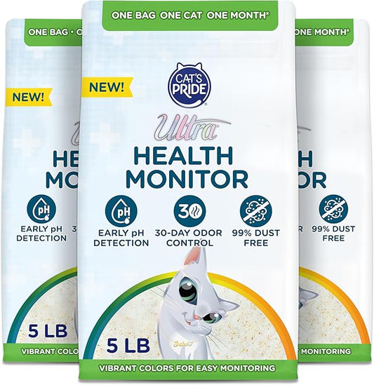 Cat's Pride Ultra Health Monitor Cat Litter, Unscented Micro Crystals 15 Lbs Total (3pk of 5 Lbs) Color Changing pH Indicator for Feline Health Tracking, 30-Day Odor Control, Dust Free and 60% Lighter