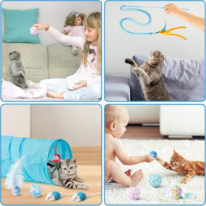 MALLMALL6 Cat Toy Set Interactive Cat Toys 11Pcs Pack with Foldable Tunnel, Feather Teaser Wand, Springs, Mice, Crinkle Balls & Pet Bell Balls - Puzzle Toys for Indoor Cats - Gift (Blue)