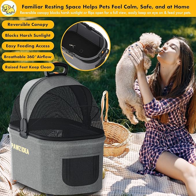 PAWZIDEA Portable Small Dog Crate for Car Travel up 33lbs, Enclosed Dog Car Seat Soft-Sided, Escape-Proof Reversible No-Zip Canopy, Foldable Pet Carrier Seatbelt for Small Medium Puppies & Cats Kennel