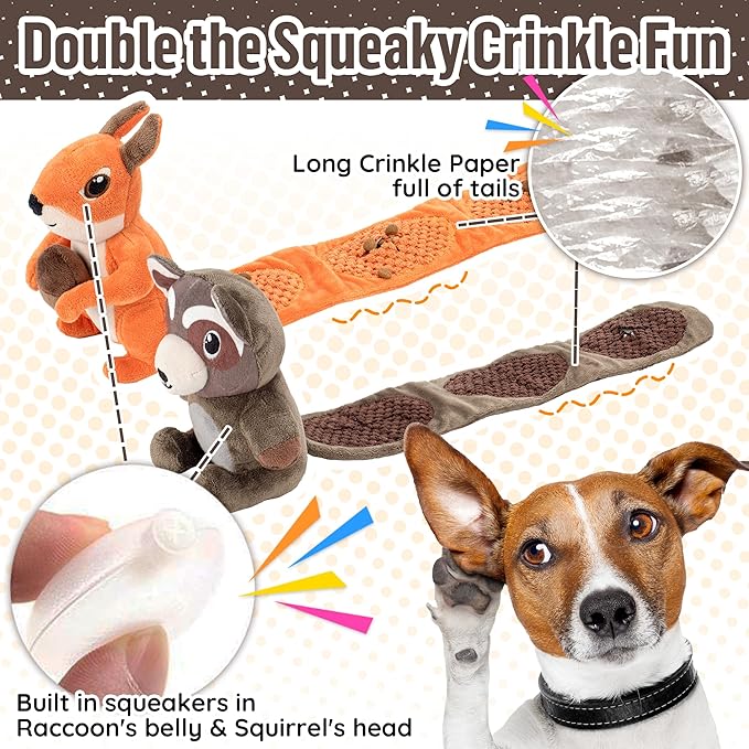 2-Pack Plush Squeaky Dog Toys, 23-Inch Snuffle Puzzle Tug of War Toy with Roll-Up Treat-Hiding Crinkle Tail, Enrichment Toys for Small & Medium Dogs to Relieve Boredom & Mental Stimulation