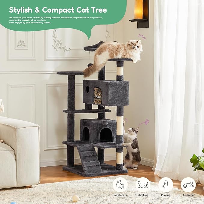 DUMOS 54-inch Indoor Cat Tree Tower –Multi-Level Pet House for Large Cats with 2 Condos, Scratching Posts, Round Platform, Small Ladder, and Toys – Perfect for Cats of All Ages, Dark Grey
