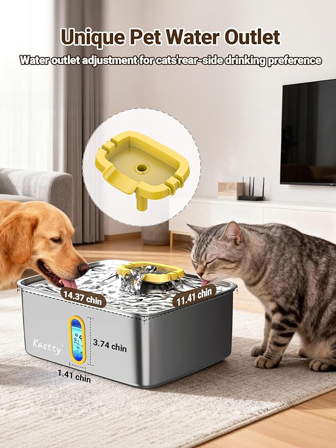 Kastty 15L/3.96 Gal Stainless Steel Dog Water Fountain, Large Capacity Dog Water Bowl Dispenser Quiet LED Light Triple Filtration Cat Water Fountain,Pet Water Fountain Easy Clean(FS78,Yellow)