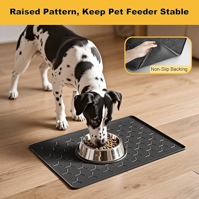 Pieviev 24''x16'' Dog Cat Food Bowl Mat, Silicone Waterproof Food Grade Pet Food Mat for Floor, High Raised Edge to Prevent Spills, Non-Slip & Easy Clean Pet Placemat for Dog & Cat Bowls, Black