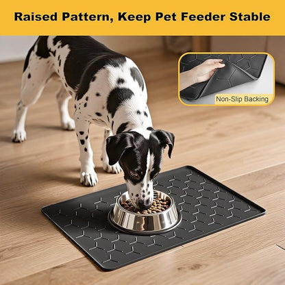 Pieviev 24''x16'' Dog Cat Food Bowl Mat, Silicone Waterproof Food Grade Pet Food Mat for Floor, High Raised Edge to Prevent Spills, Non-Slip & Easy Clean Pet Placemat for Dog & Cat Bowls, Black