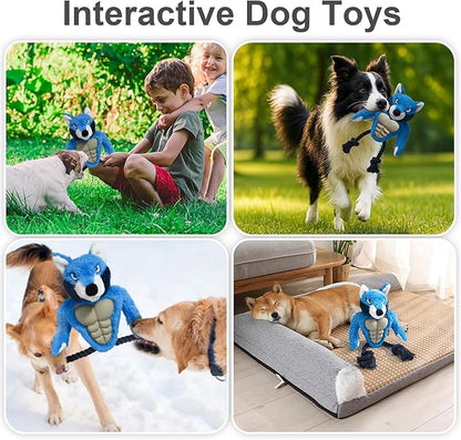 Muscle Wolf Dog Toy – Durable Plush with Rubber Chest & Rope Legs, Squeaky Tug Toy for Medium & Large Dogs, Built for Tough Play, 14.1 Inch Interactive Chew Toy