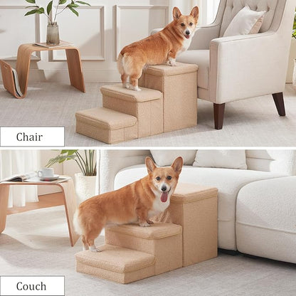 Dog Stairs with Storage, 3-Step Sturdy Dog Steps for Small Medium or Large Older Dogs Cats, Folding Pet Stairs Climbing Sofas, high beds, Windows and Cars (Beige, No Condo,16.7" H)