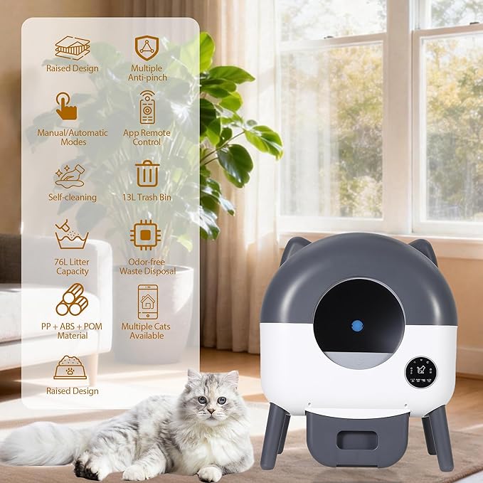 Self-Cleaning Cat Litter Box with Large Capacity and Automatic Cleaning, Automatic Litter Box with App Control, Triple Safety Protection, Removable Washable Liner, 1 Rolls Garbage Bags