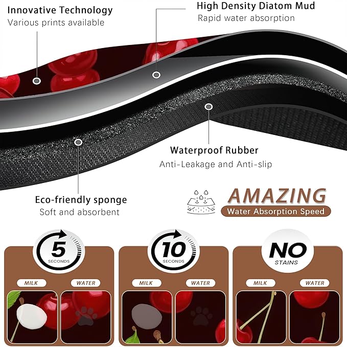 Red Cherry Pet Feeding Mat,Absorbent Quick-Dry Cat Dog Food and Water Bowl Mats,Non-Slip Rubber Backing Mat,Cat Dog Accessories Supplies 12"x20"
