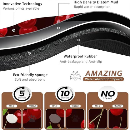 Red Cherry Pet Feeding Mat,Absorbent Quick-Dry Cat Dog Food and Water Bowl Mats,Non-Slip Rubber Backing Mat,Cat Dog Accessories Supplies 12"x20"