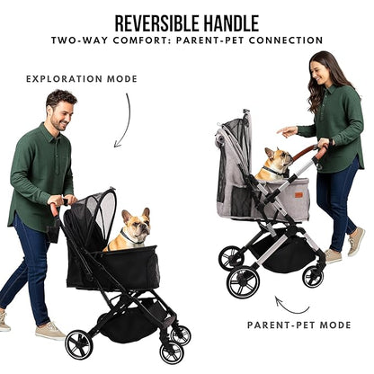 Pet Stroller for Small Medium Dogs Cats Up to 45 lbs, Travel Lite Collapsible, All Terrain 4 Wheels for Jogging, Running, Grey