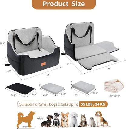 XEEP Dog Car Seat for Medium/Large Dogs Up to 55 lbs – Dog Booster Seat with Memory Foam, 2 Height-Adjust Cushions Bonus Urine Pad & Blanket Safety Leashes, Removable Washable Cover (Black/Grey)