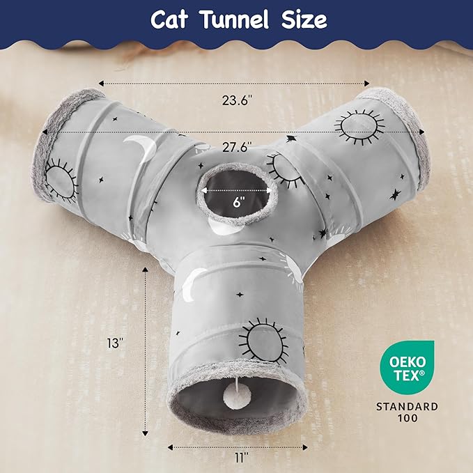 Tempcore Pet Cat Tunnel Tube Cat Toys 3 Way Collapsible, Cat Tunnels for Indoor Cats Fleece-Lined in for Warmth，Kitty Tunnel Bored Pet Toys Peek Hole Toy Ball Puppy, Kitten, Rabbit Gray Sun