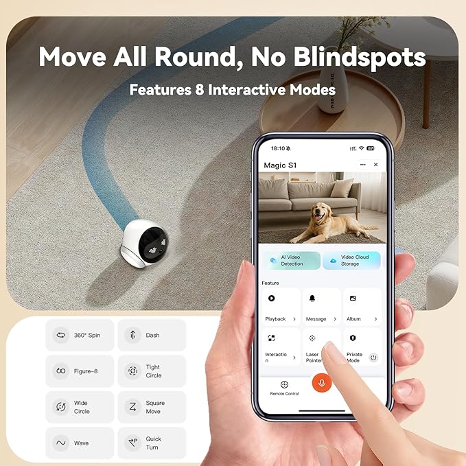 AEZ Pet Camera 1080P HD Lens Cat/Dog Camera Robot,Indoor Movable with Auto-Recharge, 2-Way Audio,Blinky Bot with Night Vision,Smart App Control for Cats/Dogs/Baby/Elderly (SD/Cloud Storage)