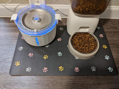 Cat Food Mat Absorbent Dog Mat for Food and Water Non Slip Quick Dry Dog Bowl Mats for Floors 24" X 16" Paw Dark Gray