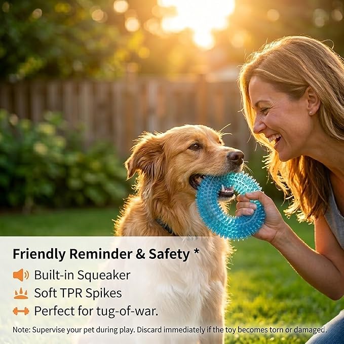 ADUCK Dog Squeaky Chew Toys for Aggressive Chewers, Small Medium Large Dogs Teeth Cleaning Soft Natural Rubber Float Toy for Indoor Outdoor Water Pool, Donut Ring Design 4.92 inch, Crystal Blue