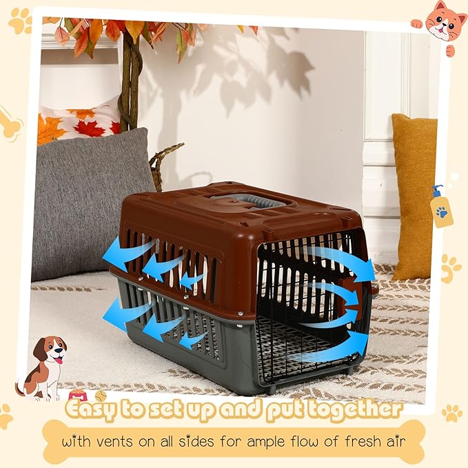 2 Set Travel Pet Carriers for Small Cat Dog Plastic Hard Shell Carrier Cat with Bowl Wire Door Grille Mat Portable Breathable Security Lock Puppy Kennel for Travel Airline, 17.5", up to 13lbs(Brown)