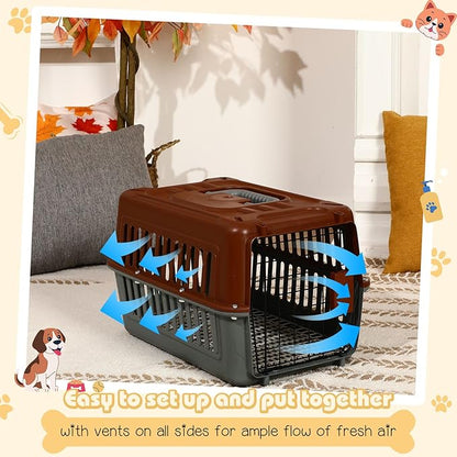 2 Set Travel Pet Carriers for Small Cat Dog Plastic Hard Shell Carrier Cat with Bowl Wire Door Grille Mat Portable Breathable Security Lock Puppy Kennel for Travel Airline, 17.5", up to 13lbs(Brown)