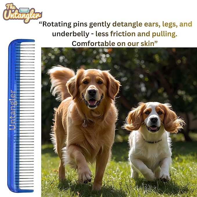 Pet comb for easy mat removal - silky smooth rotating teeth untangles without causing pain to pets. (7" Ocean Blue)