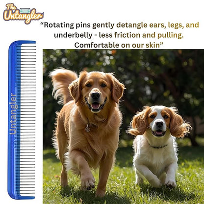 Pet comb for easy mat removal - silky smooth rotating teeth untangles without causing pain to pets. (7" Ocean Blue)