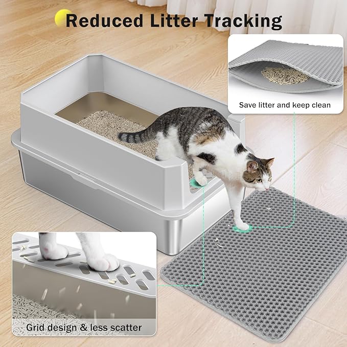Stainless Steel Litter Box, Extra Large Litter Boxes for Big Cats, XLarge Metal Cat Litter Box with Lid, Anti-Urine Leakage XL Box with High Sides, Easy Clean, Non-Sticky, Scoop Included