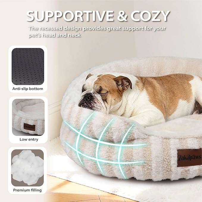 Cat Bed Puppy Bed - Washable Round Cat Beds for Indoor Cats, Soft Corduroy Fleece Pet Bed for Puppy and Kitten with Removable Double Sided Inner Cousion, 23", Beige
