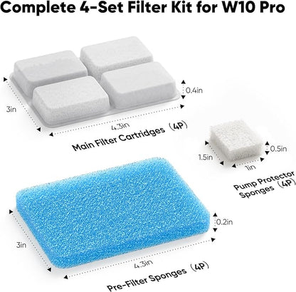 Dog Water Fountain Filter Replacement, 4 Packs Pet Water Filter & Sponge Filter for Sharlovy W10 Pro, 2 Months Set Easy-Swap For Dogs and Cat Fountain