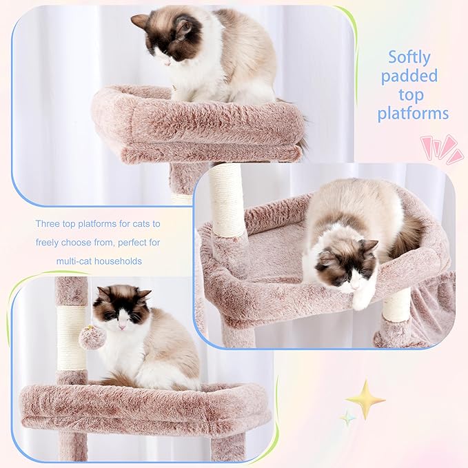 Hey-brother Cat Tree Tower, Scratching Posts with a Extended Part, Wide Platforms, Cozy Condos, Hammocks, Sisal Columns and Ball for Indoor Cats, 70.1 Inches, Muchroom MPJ038MU