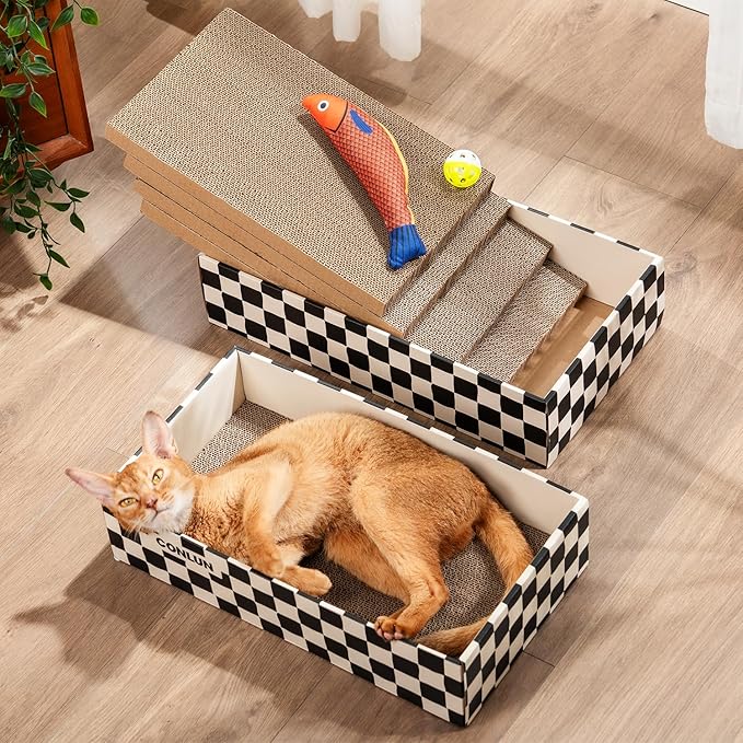 Cat Scratcher Box with 4 Scratching Pads&2 Separate Cardboard Boxes,2-in-1 Cardboard Cat Scratch for Multiple Kitten Interactive Play,Checkered(Ball & Fish Catnip Toy Included)