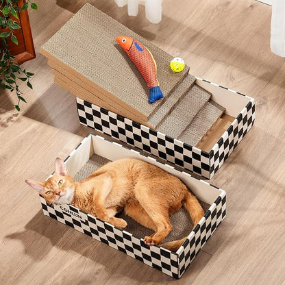 Cat Scratcher Box with 4 Scratching Pads&2 Separate Cardboard Boxes,2-in-1 Cardboard Cat Scratch for Multiple Kitten Interactive Play,Checkered(Ball & Fish Catnip Toy Included)