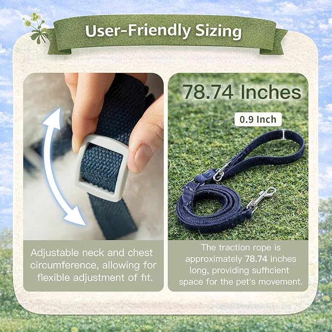 Hands Free Dog Leash and Harness Set, Adjustable No Pull Puppy Harness, Soft Breathable H-Type Vest for Small Medium Dogs Cats Walking Jogging Training (Denim Blue, XL)