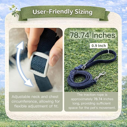 Hands Free Dog Leash and Harness Set, Adjustable No Pull Puppy Harness, Soft Breathable H-Type Vest for Small Medium Dogs Cats Walking Jogging Training (Denim Blue, XL)