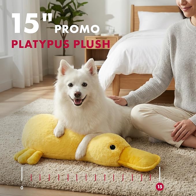 Pet Lou 15 Inch Platypus Plush Dog Chew Toy with Squeakers & Crinkle Paper, Durable Super-Soft Stuffed Promo Dog Toy for Interactive Fetch & Play