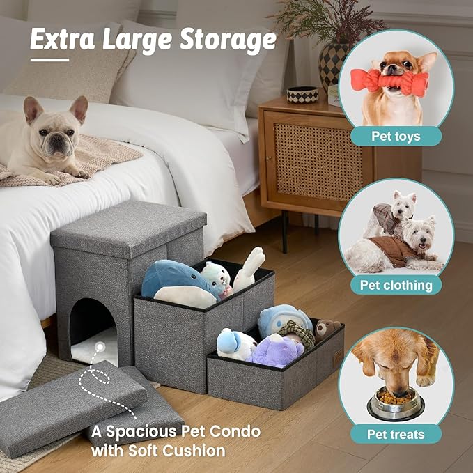 Dog Stairs with Storage, 4-Step Wider Sturdy Dog Steps for Small/Medium/Large Dogs and Older Cats, Doggie Ramp with Condo for Bed/Couch/Car Hold Up to 180 lbs (22.6" H, Grey)