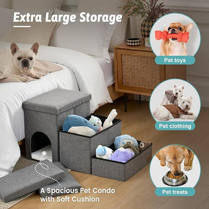 Dog Stairs with Storage, 4-Step Wider Sturdy Dog Steps for Small/Medium/Large Dogs and Older Cats, Doggie Ramp with Condo for Bed/Couch/Car Hold Up to 180 lbs (22.6" H, Grey)
