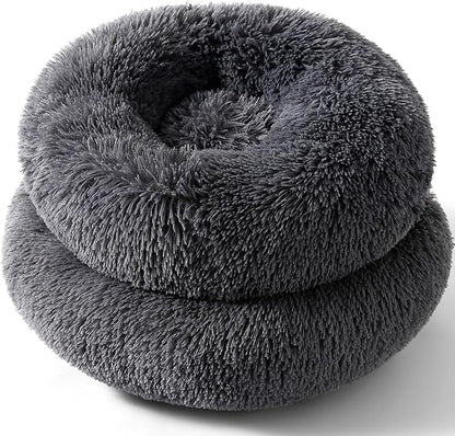 Plush Donut Cat Bed and Dog Bed Round Calming Pet Beds Fluffy Rabbit Cave Warm Dog Couch Non Slip Bottom for Pets Up to 10KG