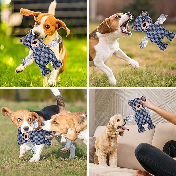PAWCHIE Squeaky Dog Toys,Robust Bear Chew Dog Toy for Aggressive Chewers,Rope Arm Tug of War&Interactive Puppy Toys to Keep Them Busy for Boredom,Soft Pet Teething Dog Companion, Blue