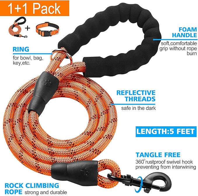 Reflective Dog Collar Padded with Soft Neoprene Breathable Adjustable Nylon Dog Collars for Small Medium Large Dogs (X-Small (Pack of 1), Orange Collar+Leash)