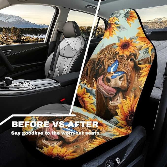 Highland Cow Car Seat Covers Anti Slip Car Seat Covers Front Seats Only Easy to Install and Clean Removable Automotive Accessories Universal Fit for Most Vehicle