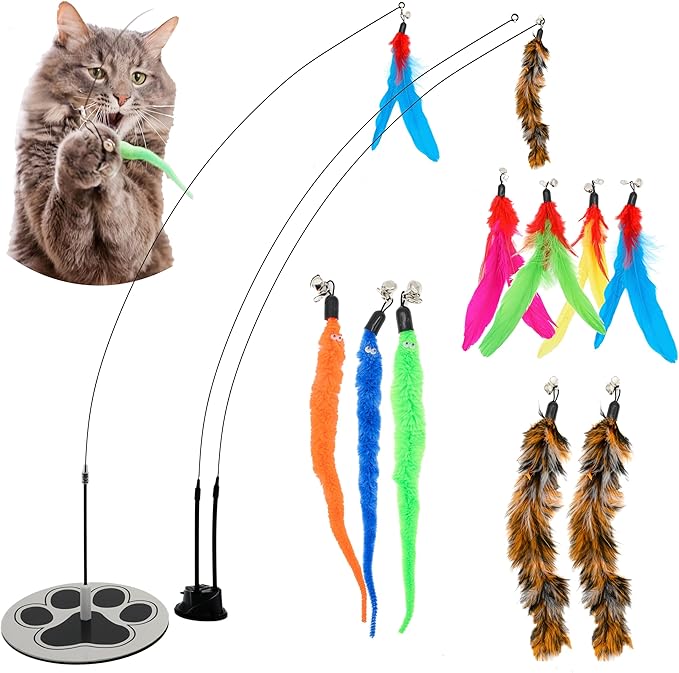 Interactive Cat Toys for Indoor Cats - 6 Feathers 3 Worms Double Sided Suction Cup - Round Base Teaser Wand - Self Play Bird Hunting - Bored Adult Feline Solo Activity - Kitten Juguetes para Gatos