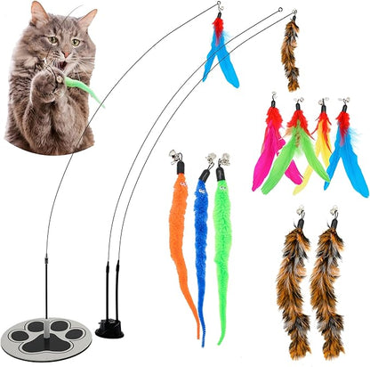 Interactive Cat Toys for Indoor Cats - 6 Feathers 3 Worms Double Sided Suction Cup - Round Base Teaser Wand - Self Play Bird Hunting - Bored Adult Feline Solo Activity - Kitten Juguetes para Gatos