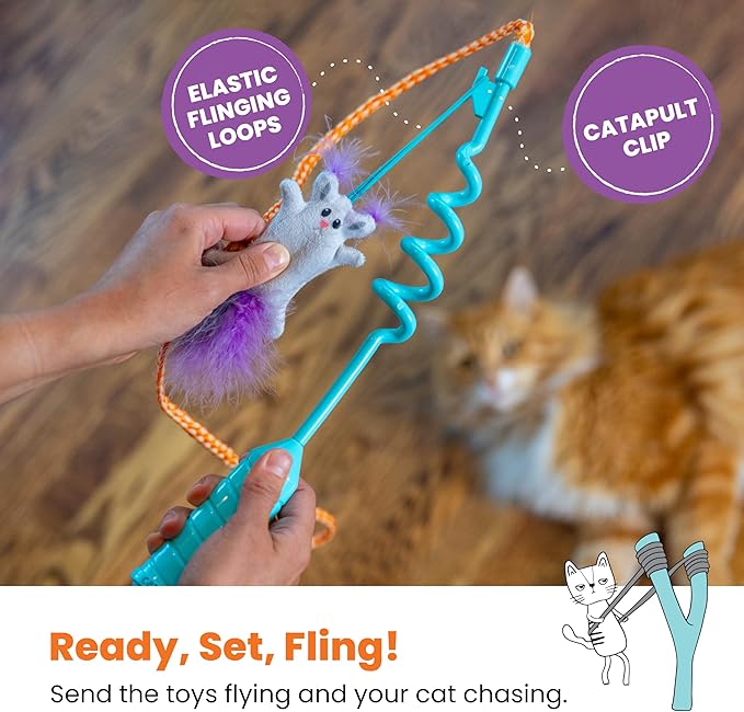 Catstages Cat-apult Spring Wand Durable and Interactive Teaser with Flinger Clip & Two Cat Toys, Catnip Toy & Pompom Ball, Blue